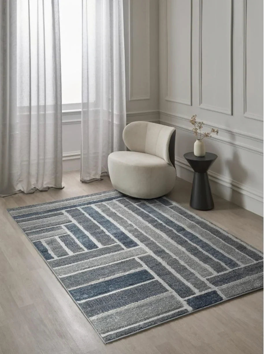 Kimya Collection Modern Geometric Rug in Blue and Gray – Structured Contemporary Design