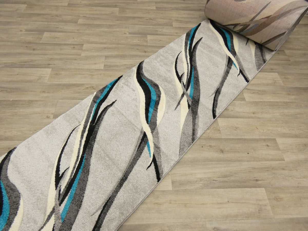 Aroha Abstract Modern Light Grey/Turquoise Turkish Hallway Runner