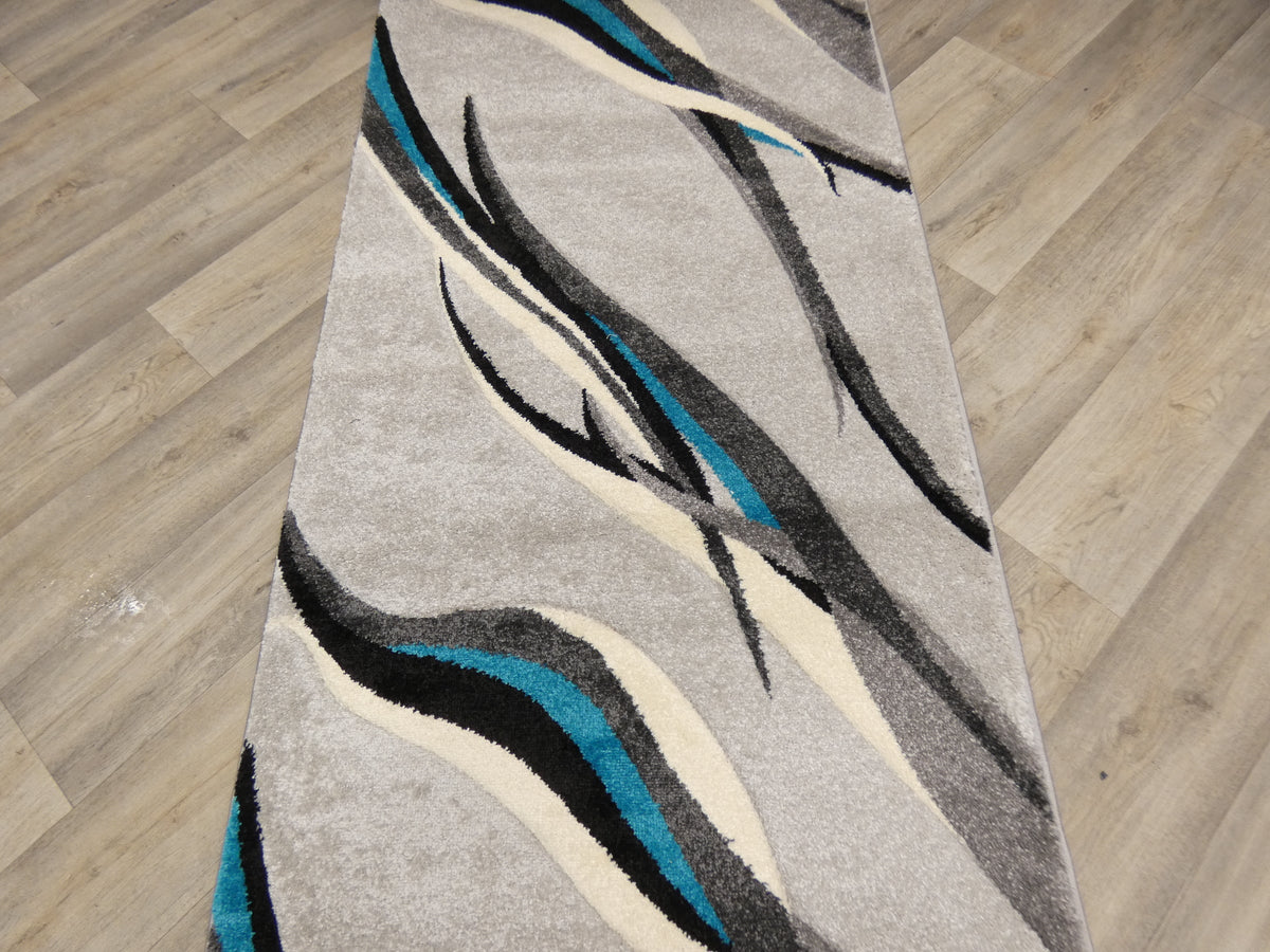 Aroha Abstract Modern Light Grey/Turquoise Turkish Hallway Runner