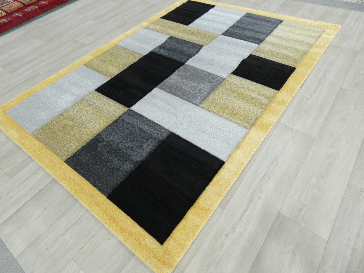 Modern Turkish Block Design Aroha Rug in Yellow/ Black/ Grey
