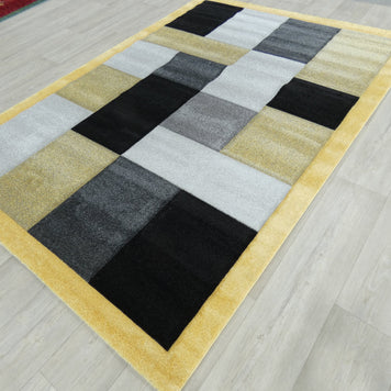 Modern Turkish Block Design Aroha Rug in Yellow/ Black/ Grey
