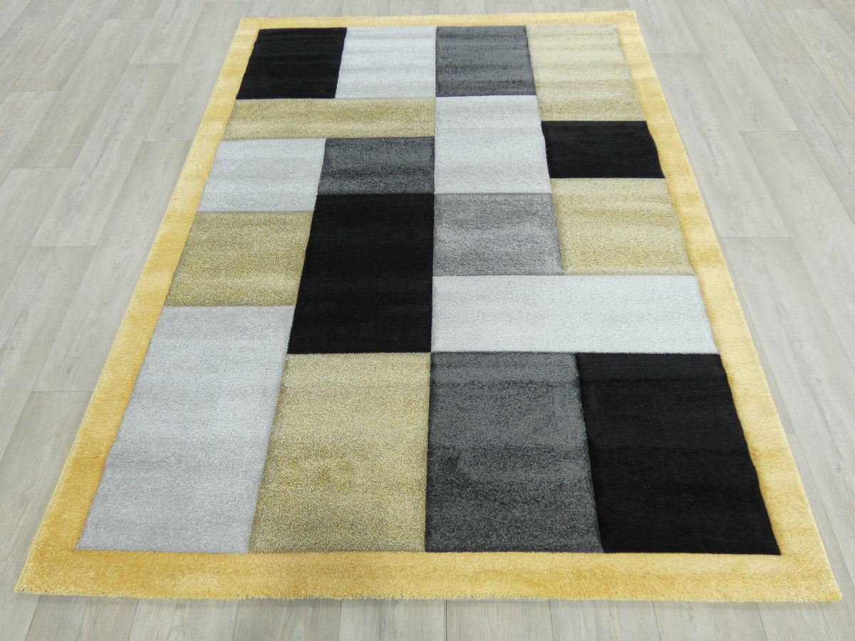 Modern Turkish Block Design Aroha Rug in Yellow/ Black/ Grey