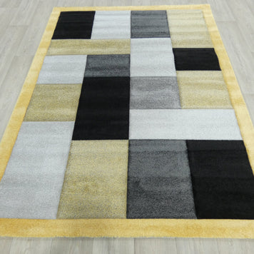 Modern Turkish Block Design Aroha Rug in Yellow/ Black/ Grey