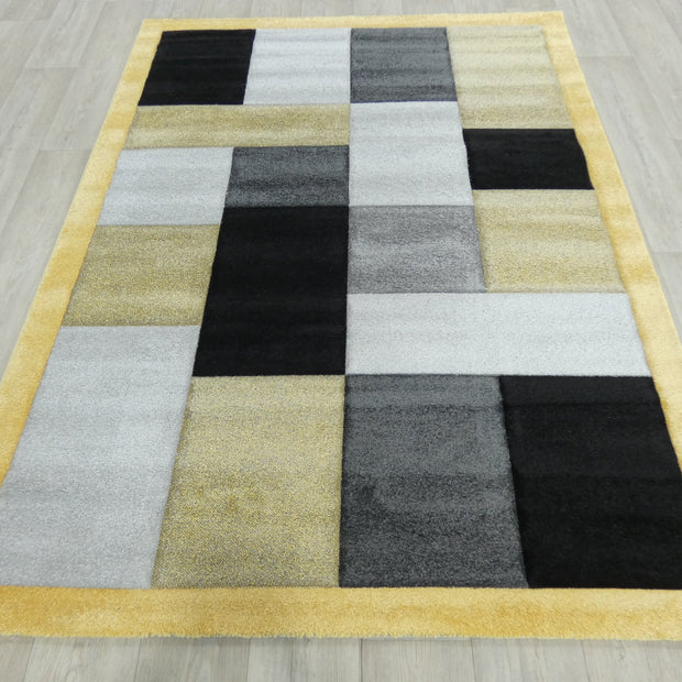 Modern Turkish Block Design Aroha Rug in Yellow/ Black/ Grey
