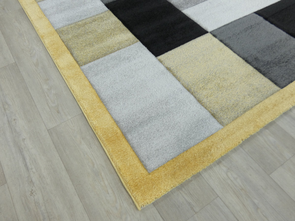 Modern Turkish Block Design Aroha Rug in Yellow/ Black/ Grey
