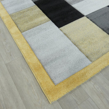 Modern Turkish Block Design Aroha Rug in Yellow/ Black/ Grey