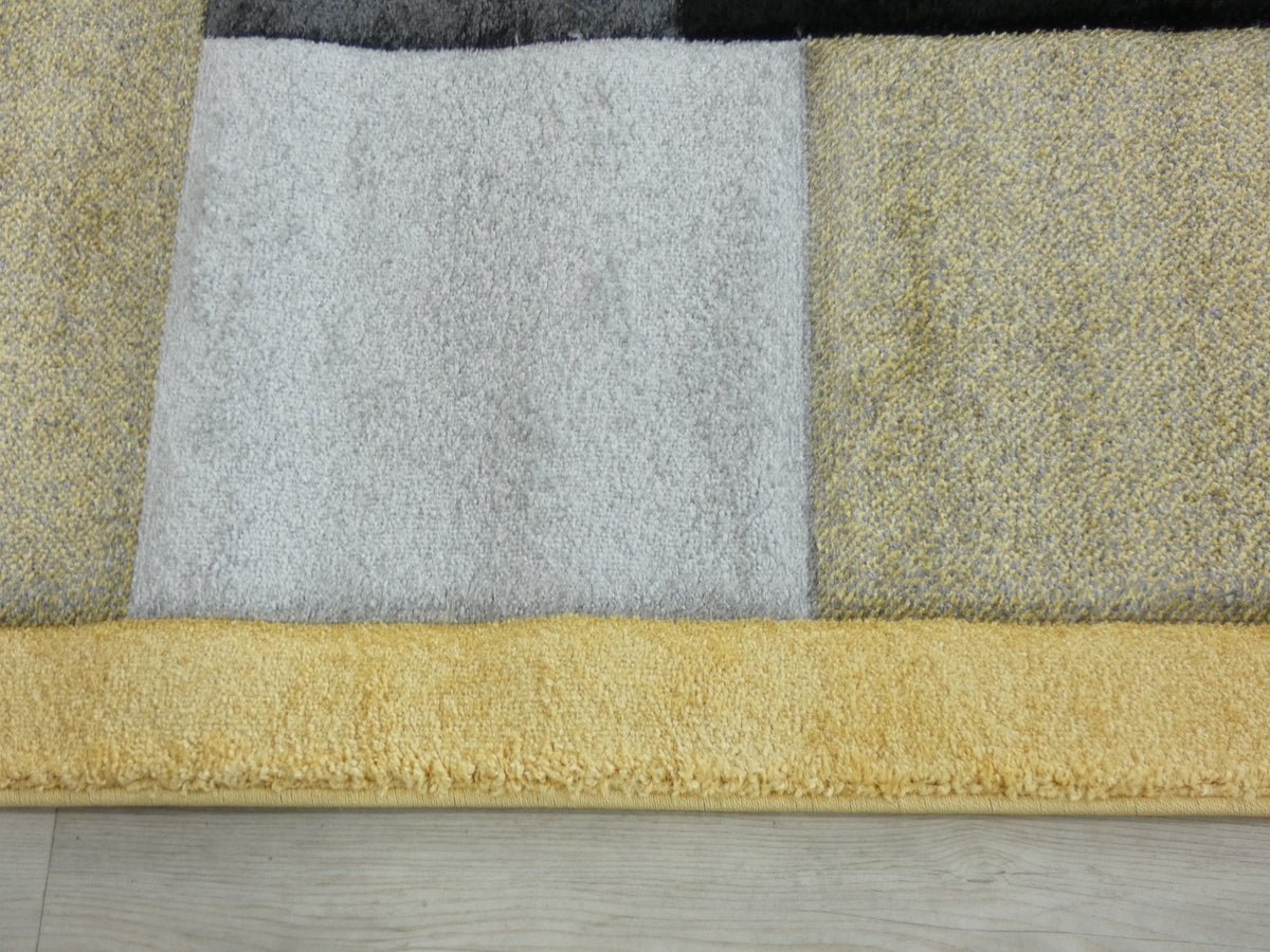 Modern Turkish Block Design Aroha Rug in Yellow/ Black/ Grey