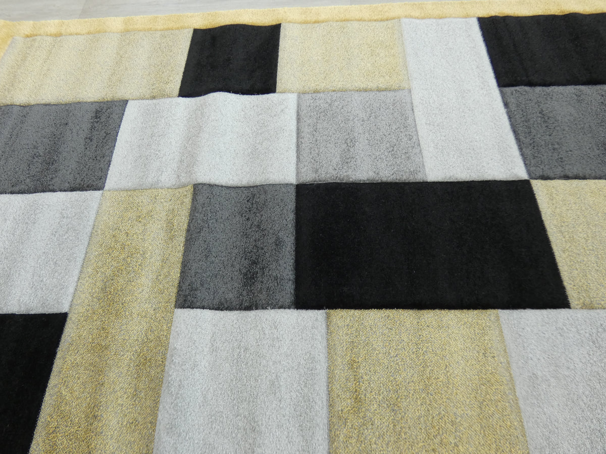 Modern Turkish Block Design Aroha Rug in Yellow/ Black/ Grey