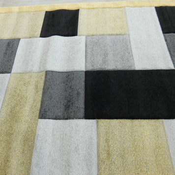Modern Turkish Block Design Aroha Rug in Yellow/ Black/ Grey