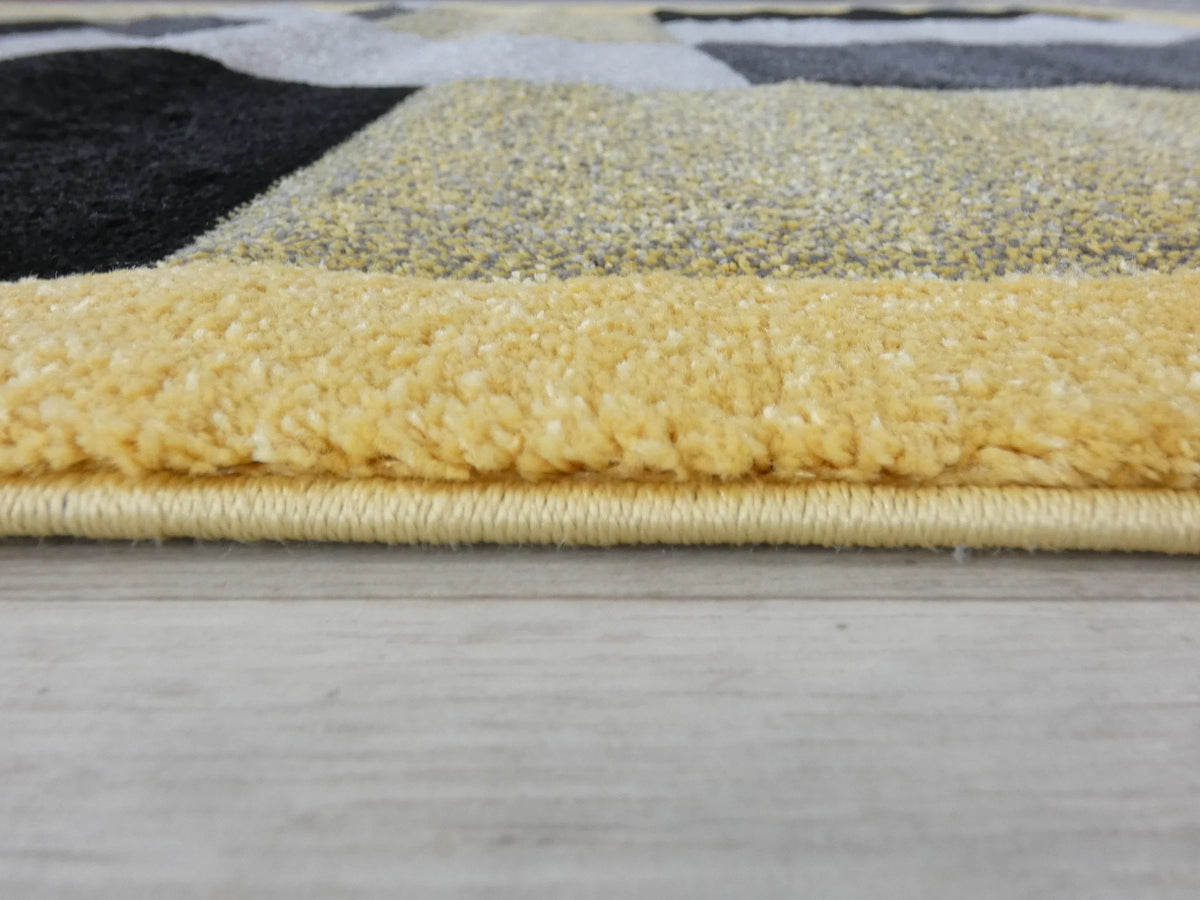 Modern Turkish Block Design Aroha Rug in Yellow/ Black/ Grey