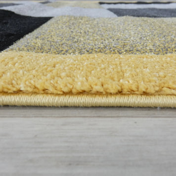 Modern Turkish Block Design Aroha Rug in Yellow/ Black/ Grey