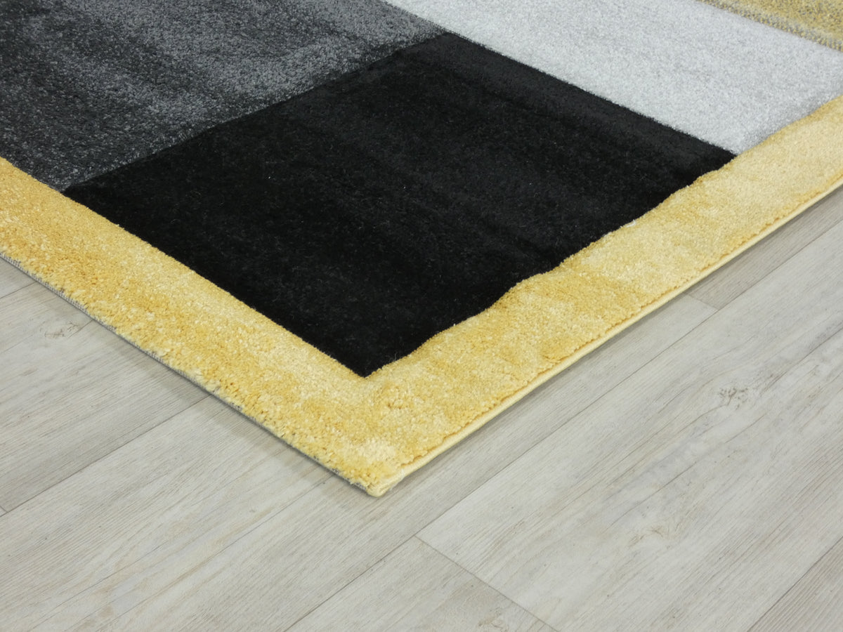 Modern Turkish Block Design Aroha Rug in Yellow/ Black/ Grey