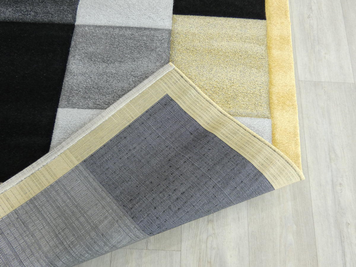 Modern Turkish Block Design Aroha Rug in Yellow/ Black/ Grey