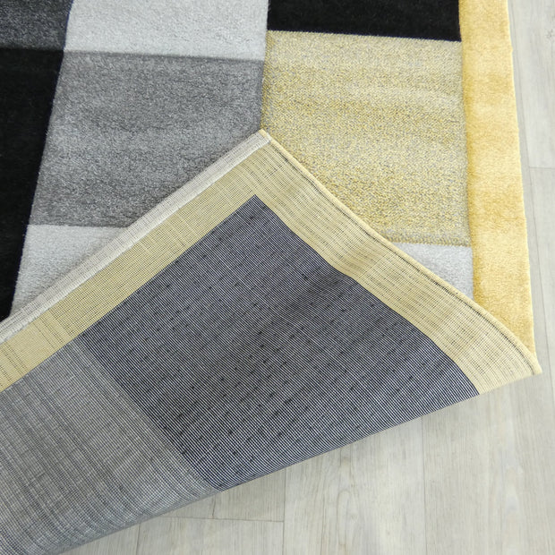 Modern Turkish Block Design Aroha Rug in Yellow/ Black/ Grey