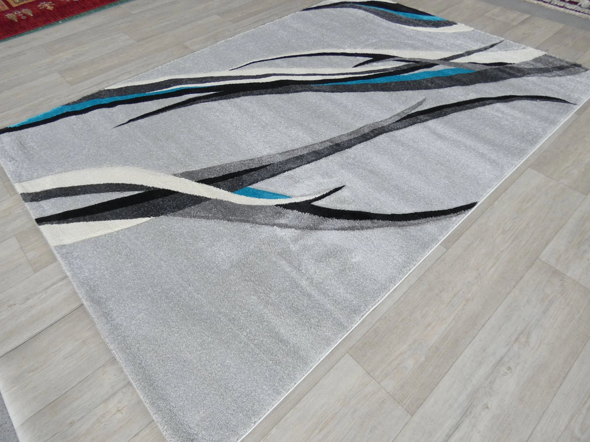Abstract Modern Design Turkish Aroha Rug in Grey/ Turquoise/ Black - Rugs Direct