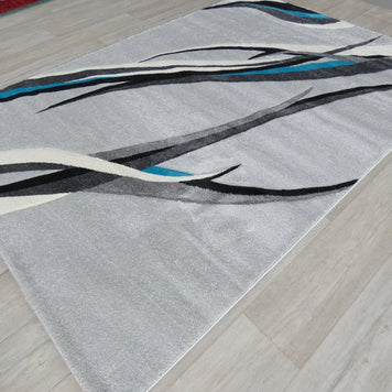 Abstract Modern Design Turkish Aroha Rug in Grey/ Turquoise/ Black - Rugs Direct