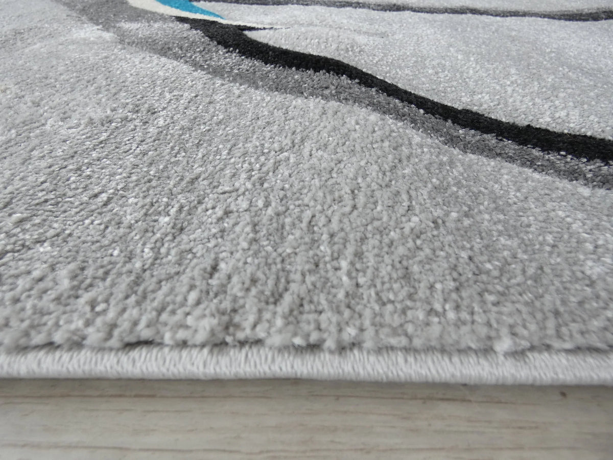 Abstract Modern Design Turkish Aroha Rug in Grey/ Turquoise/ Black - Rugs Direct