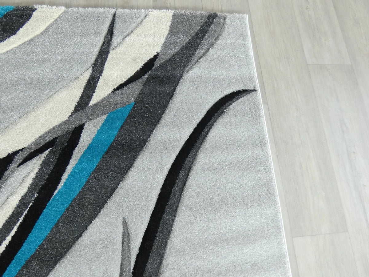 Abstract Modern Design Turkish Aroha Rug in Grey/ Turquoise/ Black - Rugs Direct