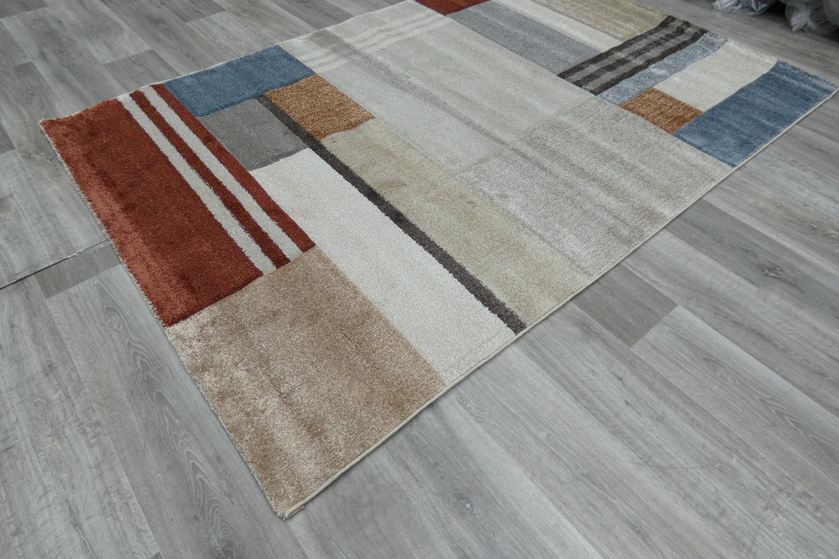 Kimya Collection Modern Block Pattern Rug in Warm Earth Tones – Contemporary Geometric Design