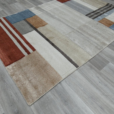 Kimya Collection Modern Block Pattern Rug in Warm Earth Tones – Contemporary Geometric Design