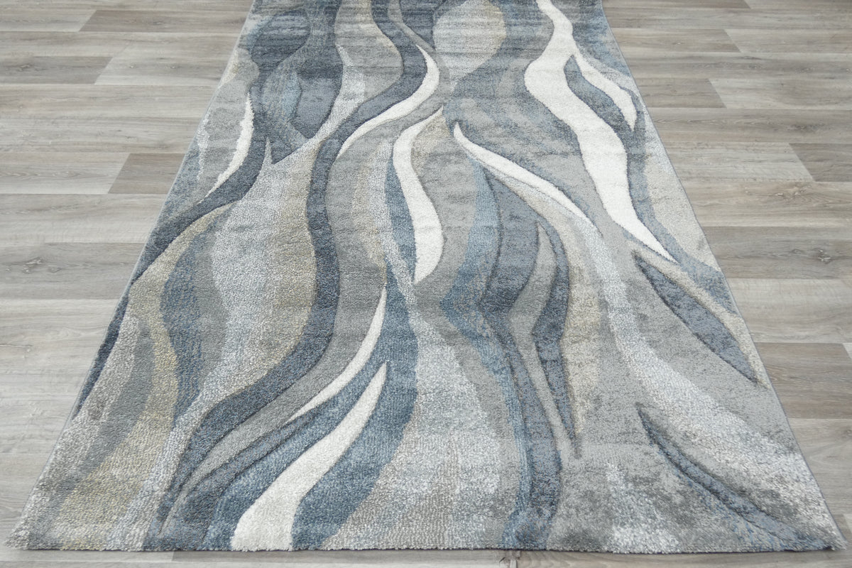 Kimya Collection Abstract Wave Rug in Navy and Neutral Tones – Fluid Contemporary Design