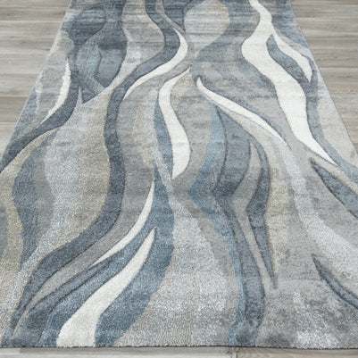 Kimya Collection Abstract Wave Rug in Navy and Neutral Tones – Fluid Contemporary Design