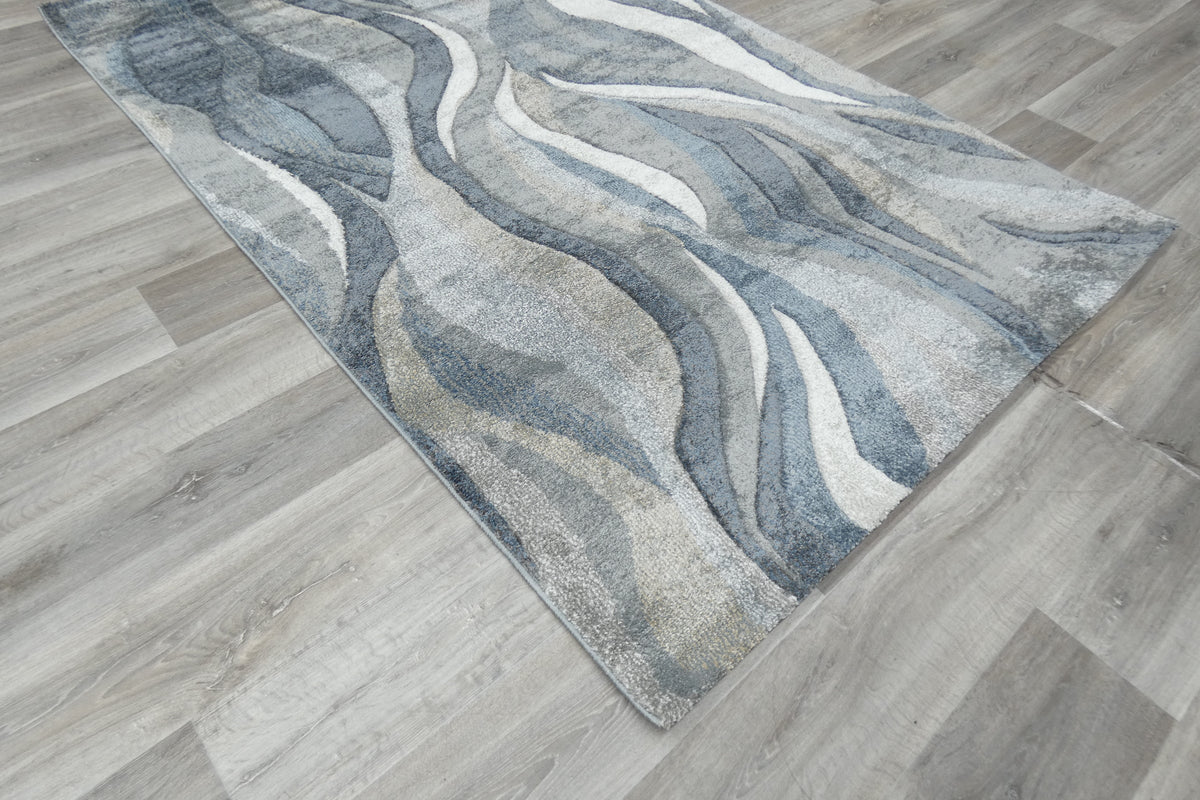 Kimya Collection Abstract Wave Rug in Navy and Neutral Tones – Fluid Contemporary Design