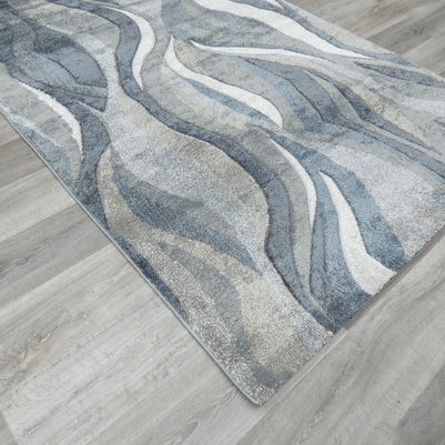 Kimya Collection Abstract Wave Rug in Navy and Neutral Tones – Fluid Contemporary Design