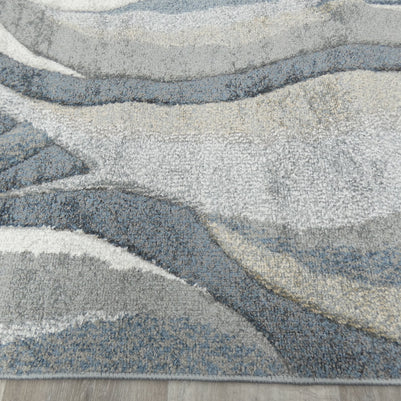 Kimya Collection Abstract Wave Rug in Navy and Neutral Tones – Fluid Contemporary Design