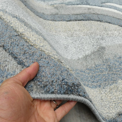 Kimya Collection Abstract Wave Rug in Navy and Neutral Tones – Fluid Contemporary Design