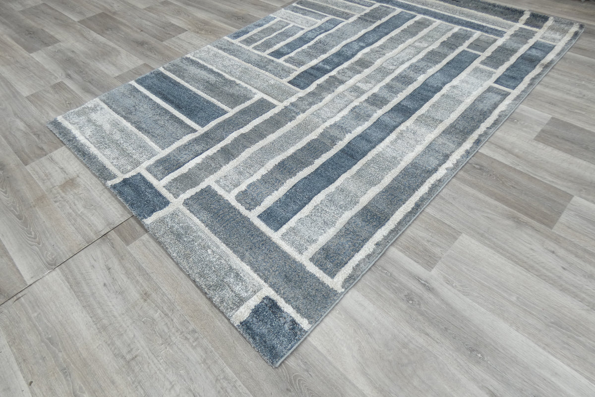 Kimya Collection Modern Geometric Rug in Blue and Gray – Structured Contemporary Design
