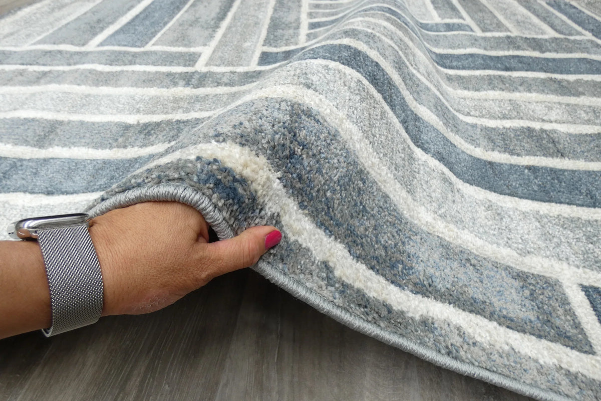 Kimya Collection Modern Geometric Rug in Blue and Gray – Structured Contemporary Design