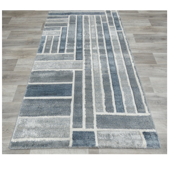 Kimya Collection Modern Geometric Rug in Blue and Gray – Structured Contemporary Design